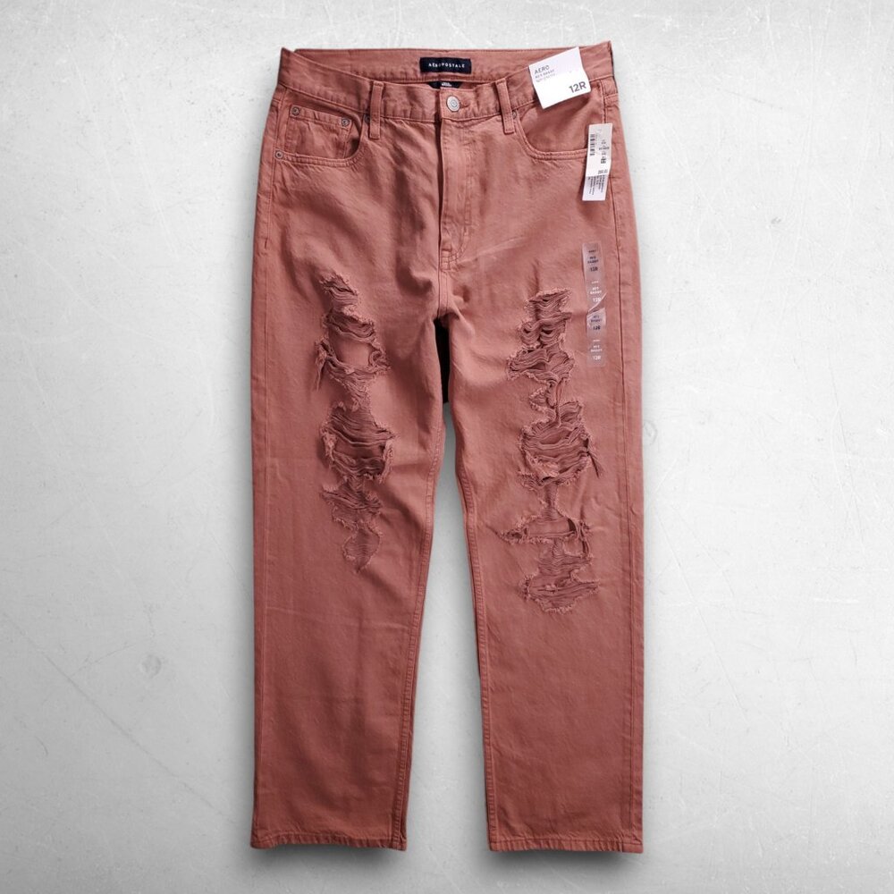 Aeropostale 90s Baggy Jeans Straight Leg Distressed Women 12 Brick Red